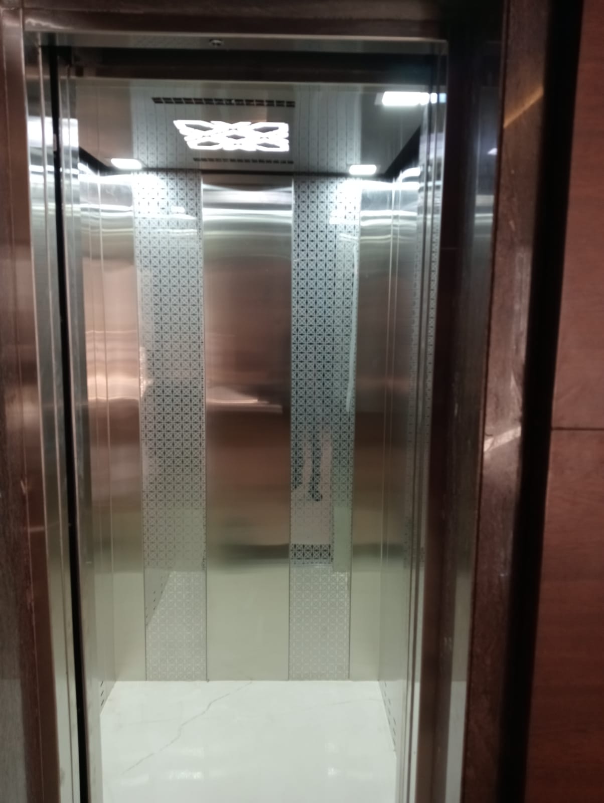 Stainless steel elevator with patterned glass panels